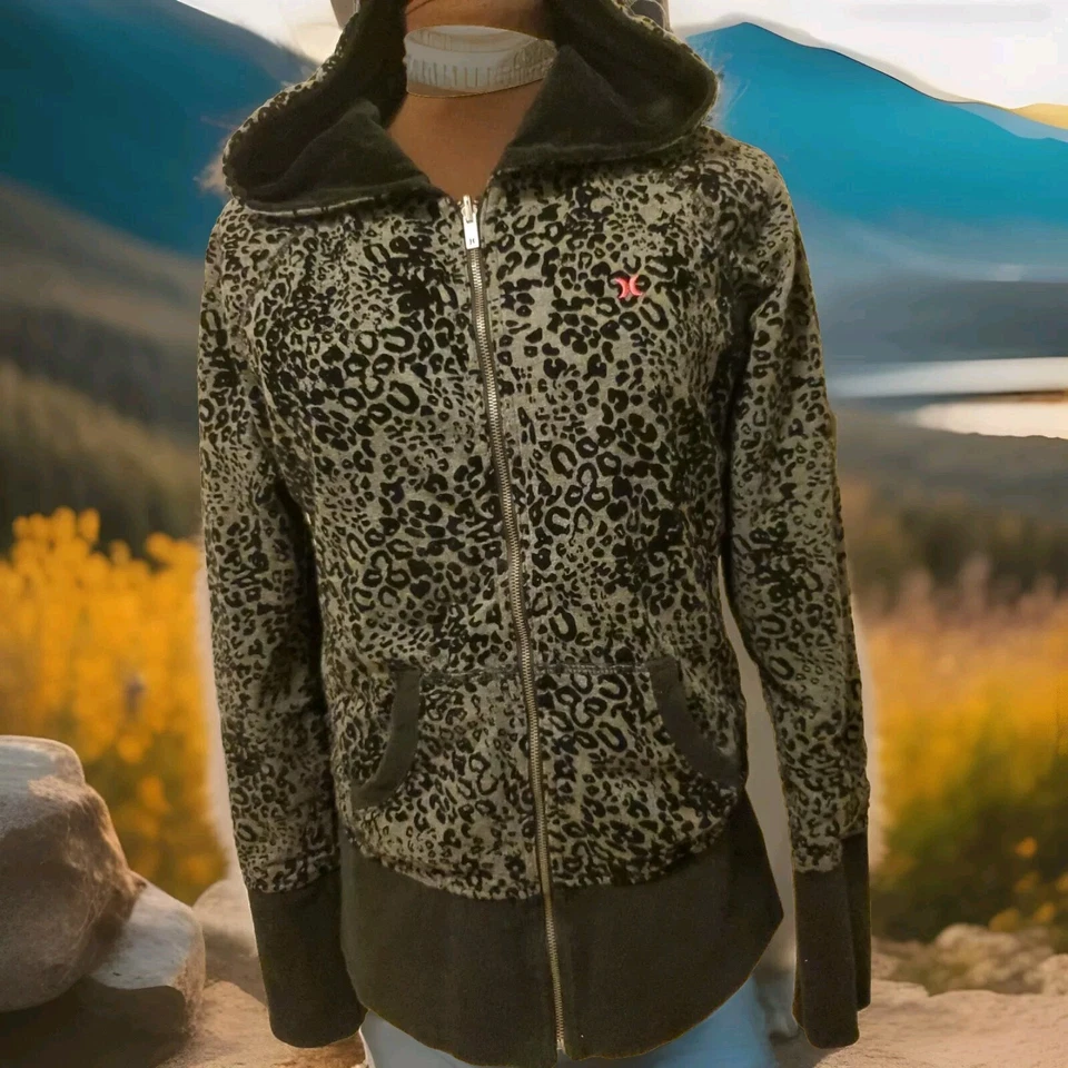Moletom com capuz SWEET Hurley Velvet 2 em 1 reversível sólido preto/gr estampa de leopardo zíper completo - Imagem 3 de 4