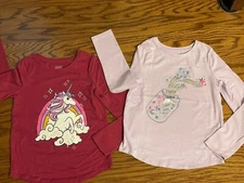 Two Little Girl Size 7 JUMPING BEANS (1) Unicorn (1) Butterfly Long-Sleeve Tees
