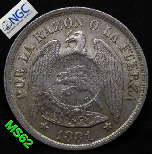 1894 GUATEMALA PESO 1/2 REAL C/S ON CHILE PESO. COUNTERMARK/COUNTERSTRIKE .NGC M