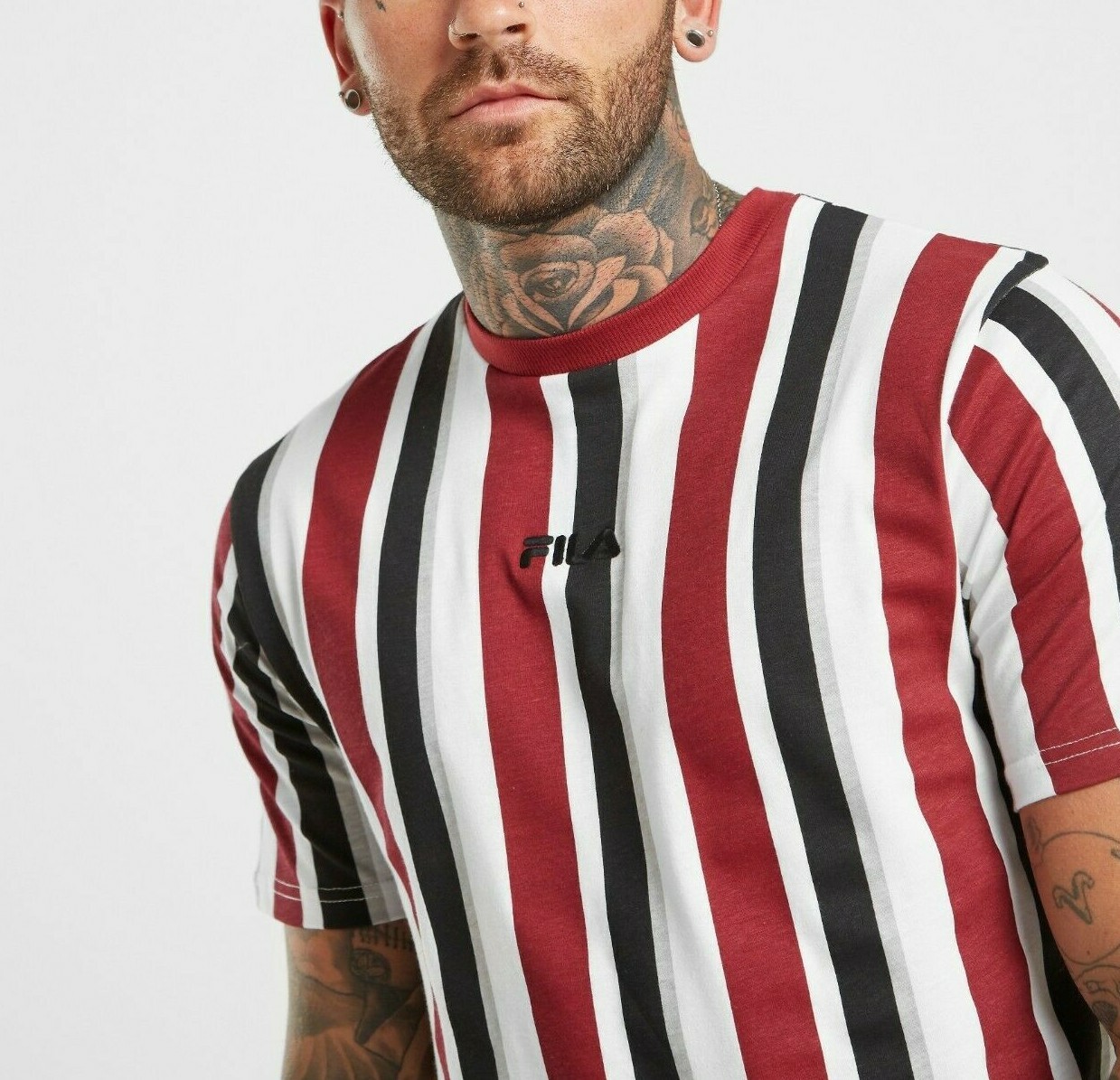 FILA New Mens JON STRIPE T Shirt BURGUNDY WHITE BLACK Size S *RRP £35*