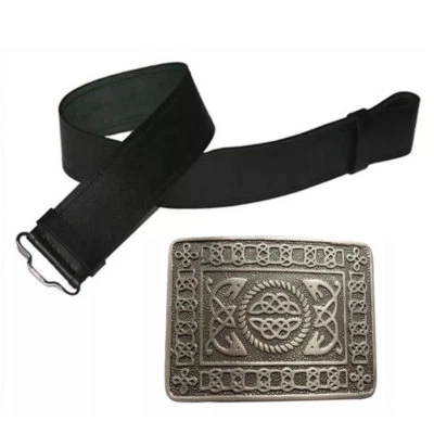 CC Scottish Highland Leather Black Plain Kilt Belt Celtic Knot Buckle Antique Set