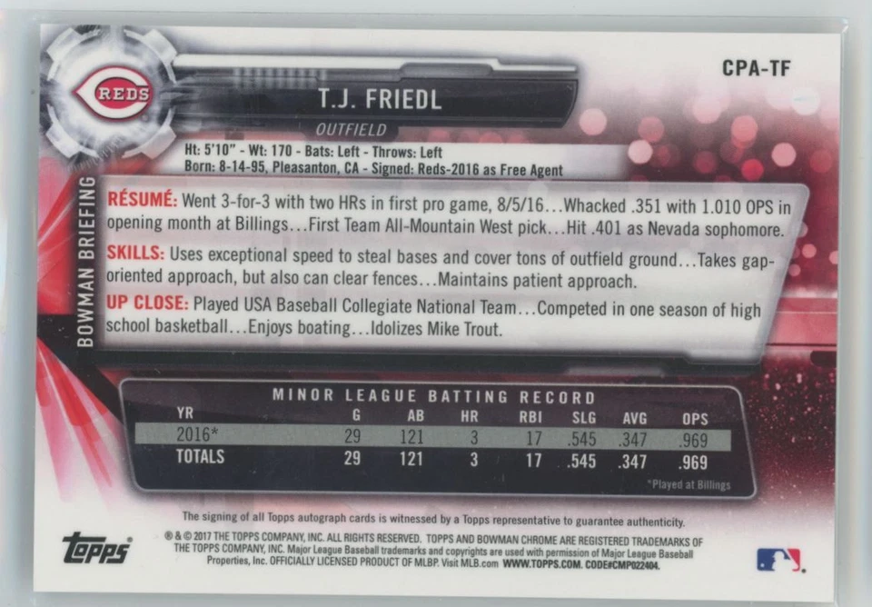 2017 Bowman Chrome Prospect Autographs T.J. Friedl Auto Cincinnati Reds #CPA-TF - Image 2 of 2