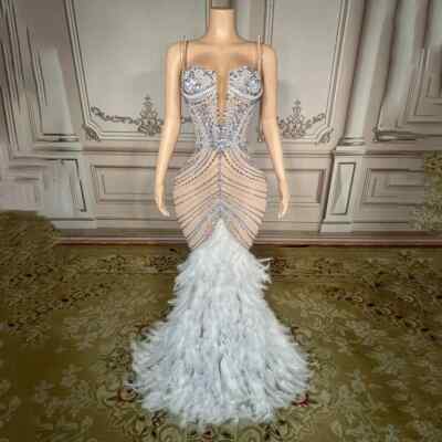 Rhinestones Pearls Floor-length Feathers Dress Women Birthday Evening Prom  Dress | eBay