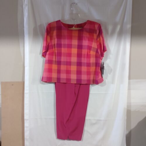 NEW Sag Harbor Women's Plaid Pink Orange Short Sleeve Top Pink Bottom Pant Suit