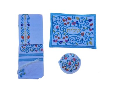 Kosher Tallit Prayer Shawl For Women / Bat Mitzvah Embroidered With Pomegranates