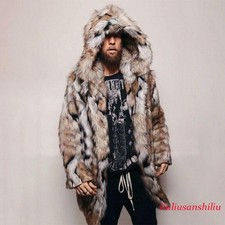Mens Winter Faux Fox Fur Jacket Hooded Warm Mid-long Length Coat Party Outwear