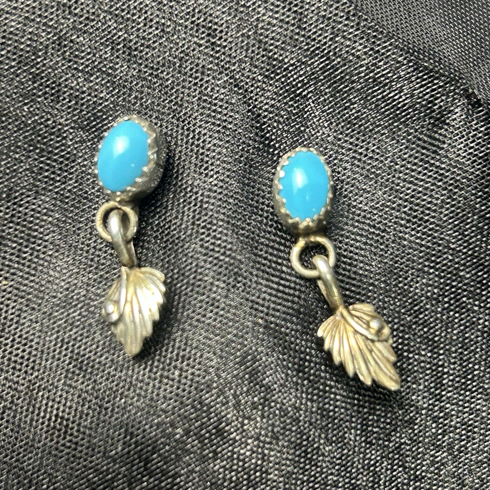 Turquoise Cabochon Leaf Dangle Post Earrings Mark… - image 2