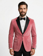 Men's Velvet Tuxedo Jacket Pink 2 Piece Suit Slim Fit Elegant Prom Blazer