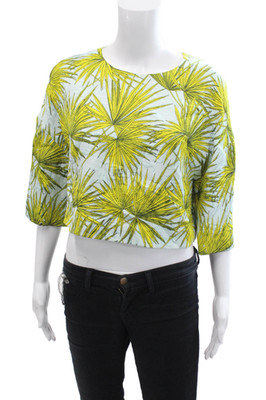 MSGM Womens Round Neck Palm Print Short Sleeve Crop Top Blue Size 44