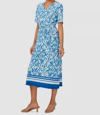 MSK Women's Blue Printed Tie-Waist Bordered-Hem MIDI Dress Size S