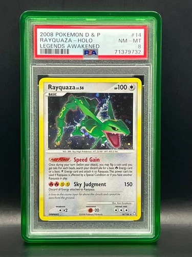 RAYQUAZA #14 HOLO RARE W. Swirl- 2008 Pokémon DP Legends Awakened - PSA 8