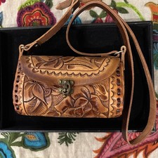 Mexican Leather Hand Tooled Purse with Hook Lock Closer