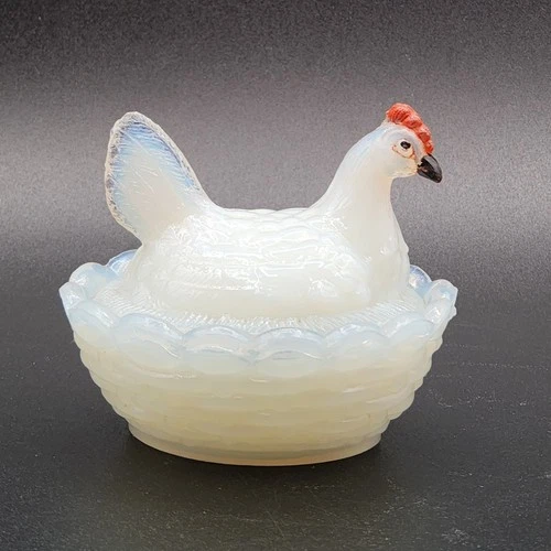Antique Vallerysthal Small Opaline Milk Glass Hen on Nest Salt Cellar