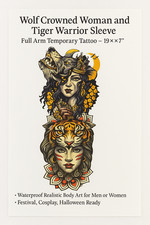 Wolf Crowned Woman and Tiger Warrior Sleeve Full Arm Temporary Tattoo 19
