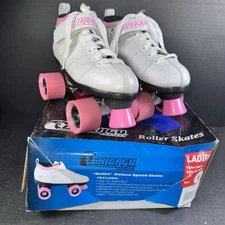 Chicago Skates Bullet Deluxe Speed Roller Skates Ladies Size 6 White Pink Wheels