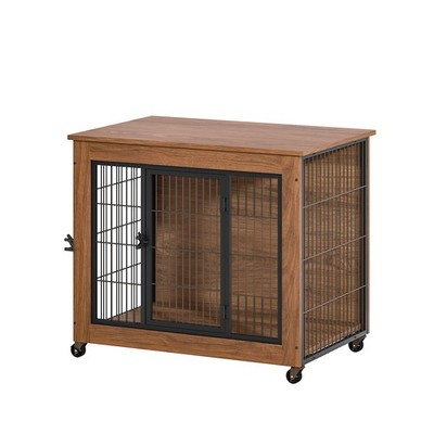 32.5'' Mobile Dog Crate Furniture Kennel Side Table Indoor Pet Cage 2 Steel Doors