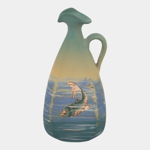 Weller Dickens Ware 1900s Vintage Art Pottery Matte Green Fish Ewer Chilcote