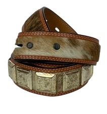 3D Mens Western Belt Sz 36 Brown Leather Hair-On Hide Square Silvertone Conchos