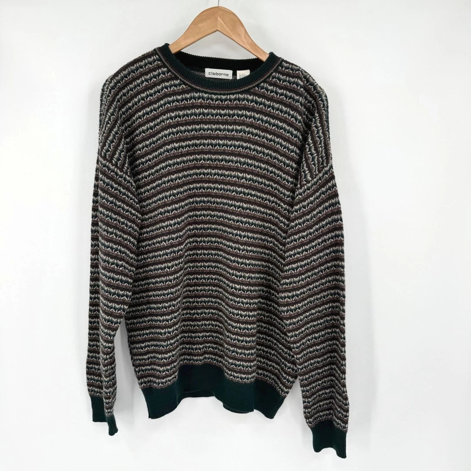 Claiborne 90s Jewel-Toned Knit MidWeight Geometric Pullover Wool Sweater Men's L
