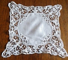 Antique Linen Lace Entourage Handkerchief - 24cm x 24cm
