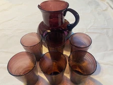 Antique Purple/Amethyst Handblown Pitcher and 6 cups, Pontil marks on all pieces