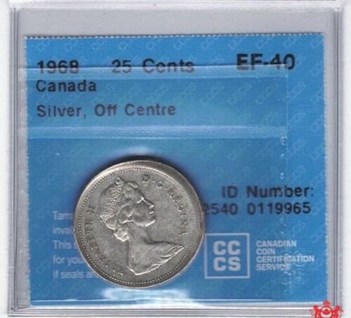 1968 Canada 25 Cents Silver Off Center Error - CCCS EF40 - 0119965 - Picture 1 of 2