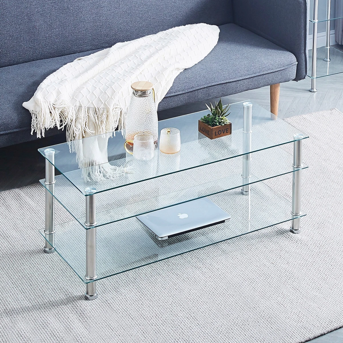 3 Tiers Clear Tempered Glass Coffee Table with Storage Shelves