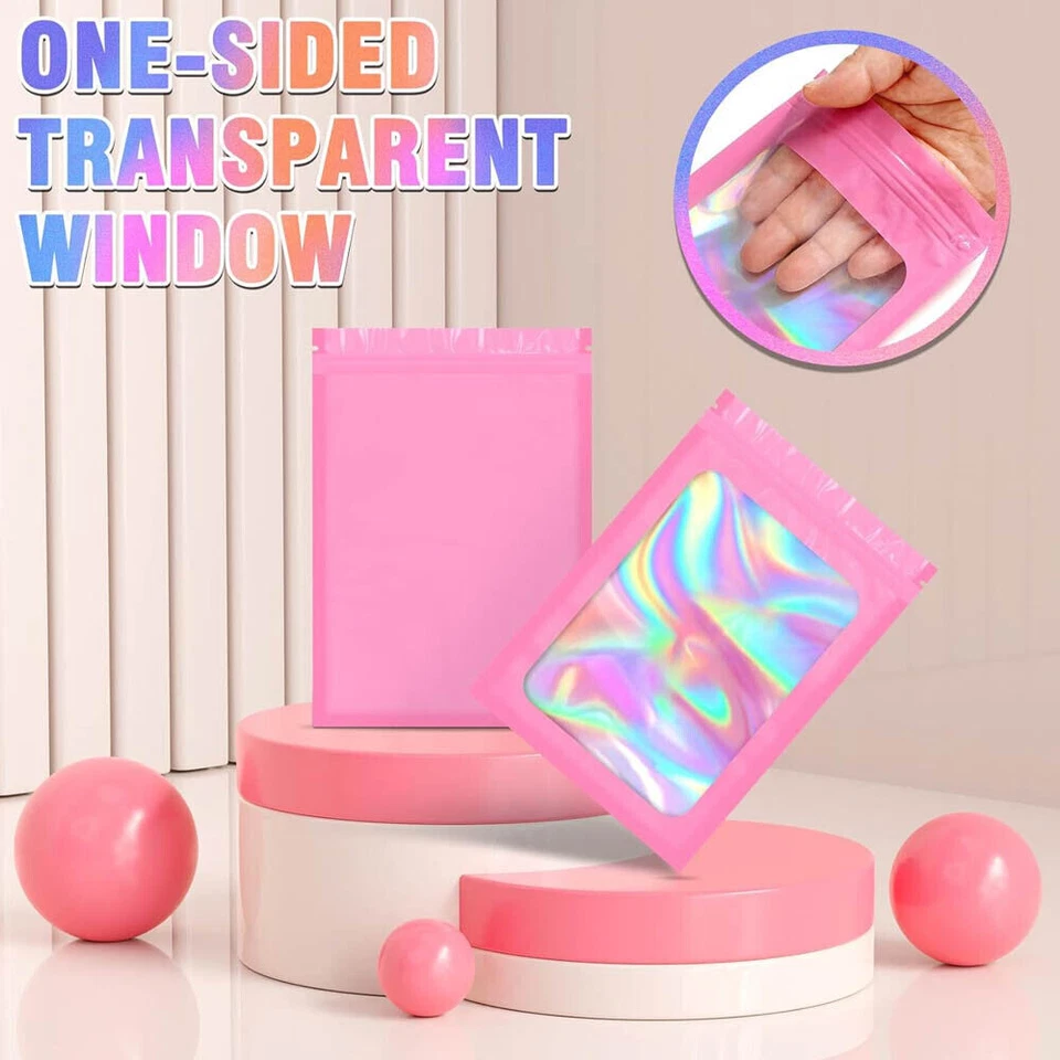 100 bolsas holográficas de papel de aluminio de Mylar a prueba de olores resellables bolsas de sellado con cremallera degradadas Foto 2 de 4