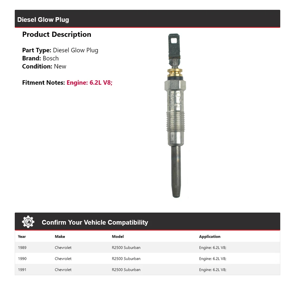 Bujía incandescente Bosch 1990 para Chevrolet R2500 Suburban 1989-1991 6,2 L V8 diésel Foto 2 de 3