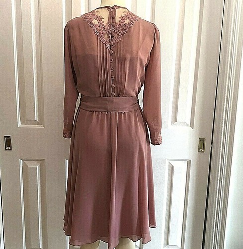Vintage Sz S 2 4 Lace Embroidery Long Sleeve Fit Flare Dress Dusty Pink Slip On - Picture 6 of 12