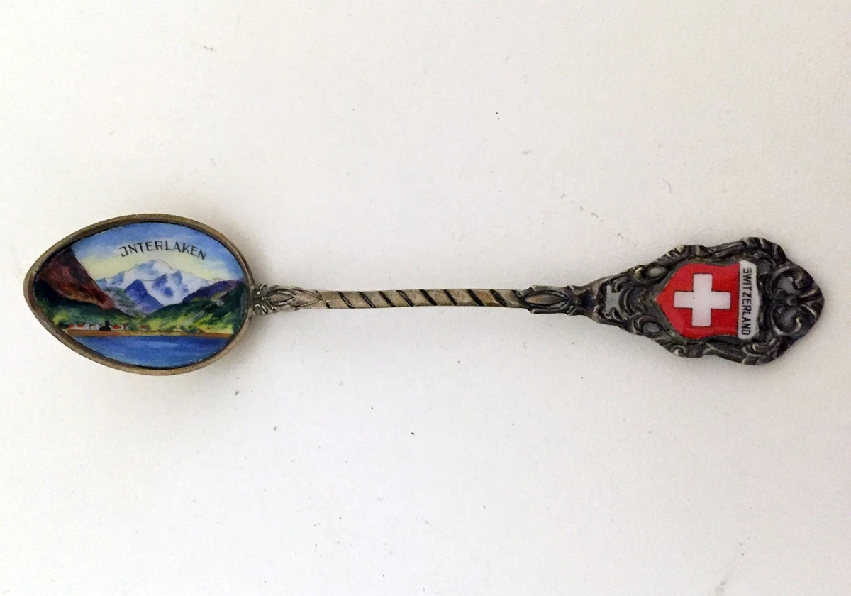 Old .800 Silver Hand Painted Enamel Souvenir Spoon Swiss Alps Interlaken, Marked