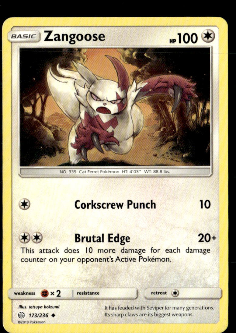 Pokemon Zangoose 173/236 Cosmic Eclipse Non Holo Uncommon 2 Card Lot