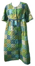 60s Quilted Blue Green Ruffle sleeve long Maxi Patchwork Pattern Robe Housedress