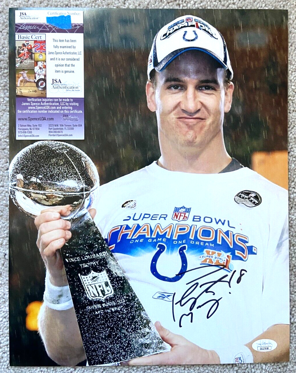 PEYTON MANNING SIGNED 11X14 PHOTO INDIANAPOLIS COLTS SUPER BOWL 41 BRONCOS JSA W