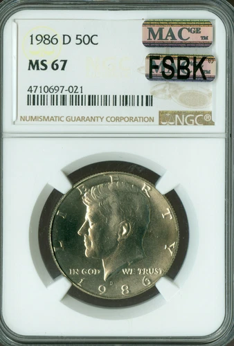 1986 D KENNEDY HALF DOLLAR NGC MS67 FSBK PQ 2ND FINEST GRADED MAC SPOTLESS .