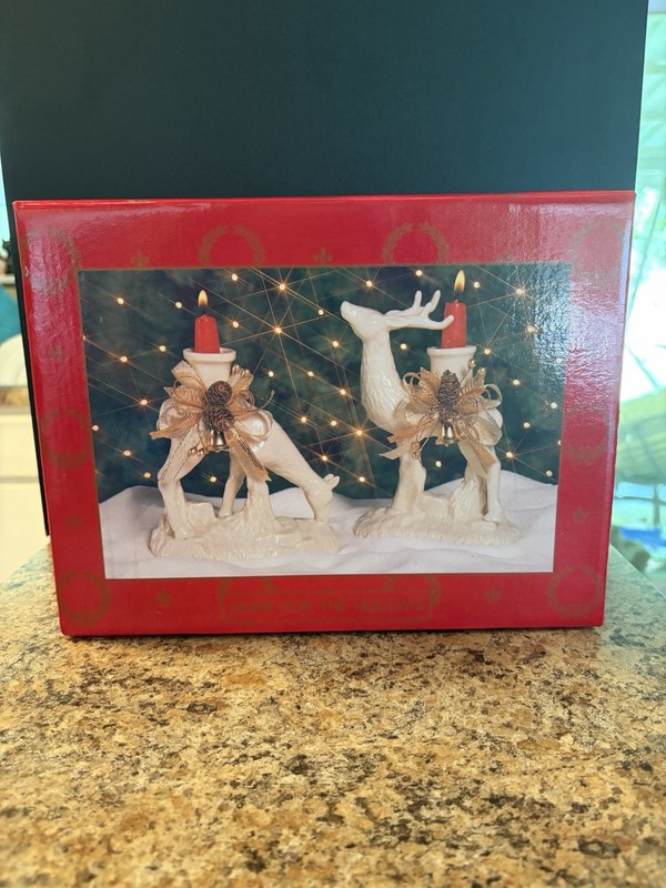 Home for the Holidays White Porcelain Reindeer Candle Holders Set of Two