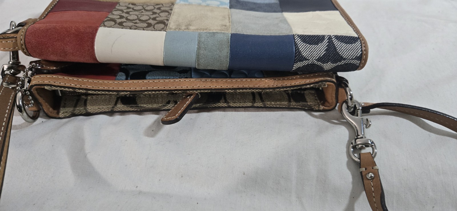 Coach Signature Patchwork Leather Suede Wristlet Wallet Blue Multi Tan Lot 