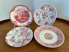 Vtg Mismatched China Saucers ~ Red / Pink & White ~ Set of 4 ~