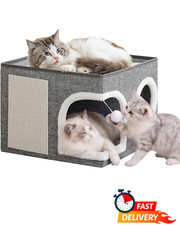 Large Indoor Cat Bed Cave House Foldable Condo Scratch Pad Plush Grey Kitten