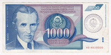 1991 Yugoslavia 1000 Dinara Hand Stamp 4830000 Nikola Tesla Paper Banknote