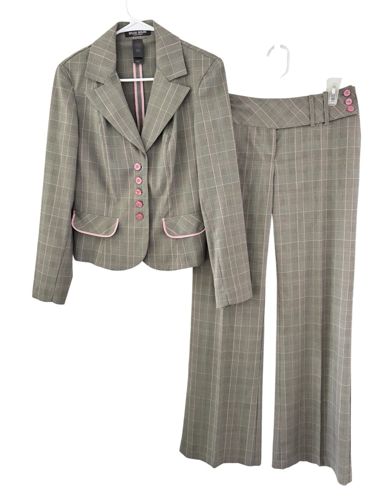 Conjunto Blazer Traje Chaqueta Pantalones Vintage Y2K Talla 8 Marrón Rosa A Cuadros Tiro Bajo Pierna Ancha Foto 2 de 4