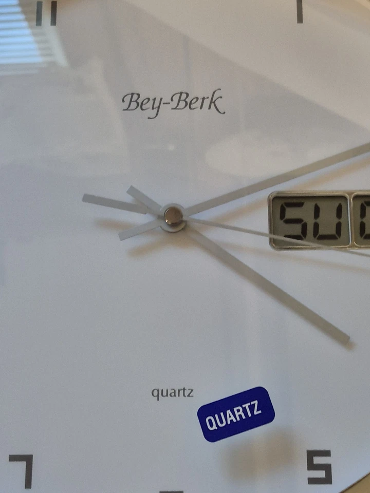 Bey-Berk Quartz Analog & Digital Round Wall Clock Wood Accent - Image 3 of 4