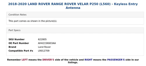 2018-2020 LAND ROVER RANGE ROVER VELAR P250 (L560) - Keyless Entry Antenna - Picture 3 of 4