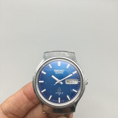 Vintage Seiko Quartz Type II Mens Watch 35mm Blue Day Date 7546