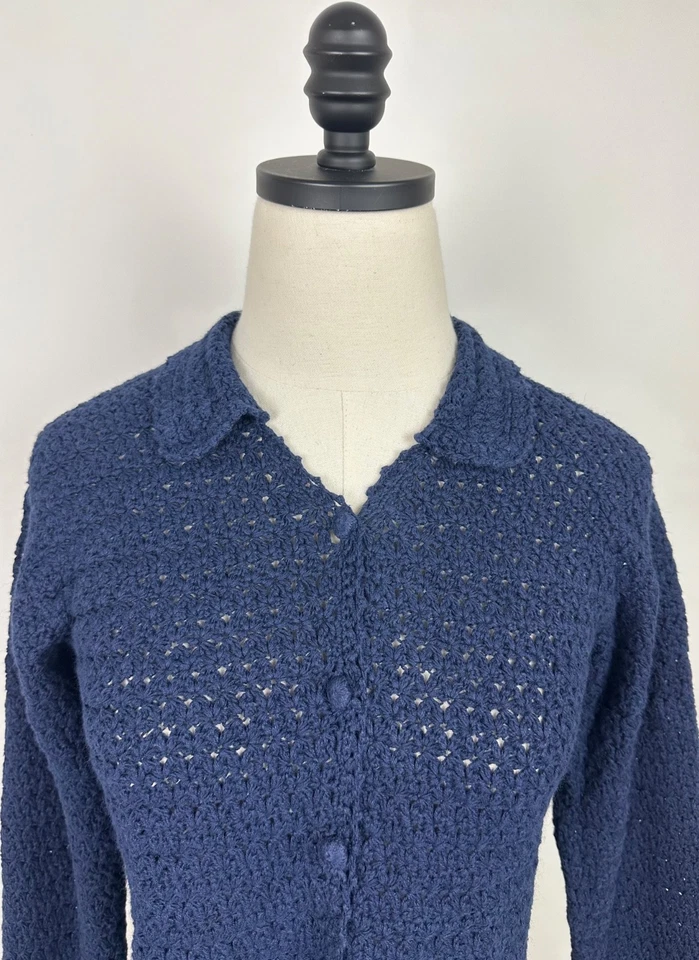 复古 90 年代钩针开衫毛衣女式 XS 海军蓝开放式针织波西米亚波西米亚 — 第 2/4 张图片