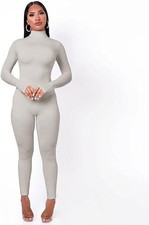 SALES Grey High Neck Fitted Long Sleeves Jumpsuit Catsuit UK Size 14