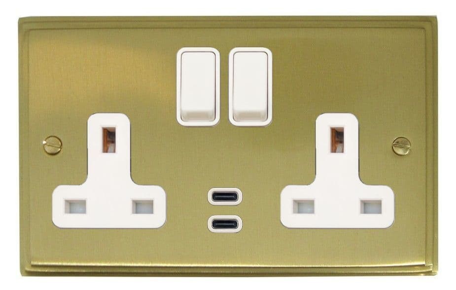 G&H VSB913W Victorian Satin Brushed Brass Double 13A Plug Socket Dual 4.2A USB C