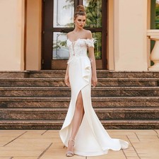 Sweetheart Mermaid Wedding Dresses Ruffles Off Shoulder Thigh Split Bride Gowns