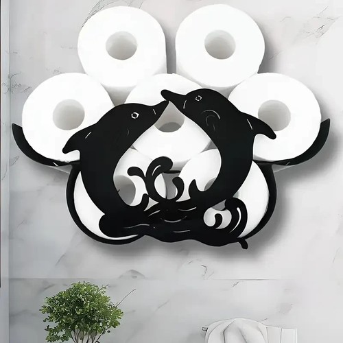 Iron Dolphin Toilet Paper Holder Adhesive Organizer Bathroom Storage Decor - Picture 7 of 7