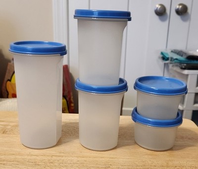 Lot Of 5 VTG Tupperware Modular Mates #3, #2, #1 Round Clear W/Blue Lids NOS!!